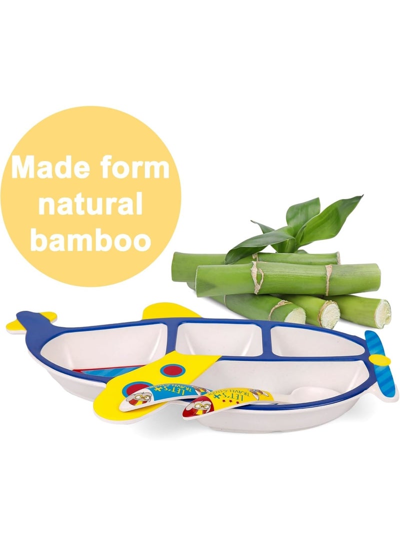 سيوسي Toddler Dinnerware Set, Bamboo Fiber Divided Plate with Fork and Spoon, BPA-Free Baby Feeding Utensils for Boys, Kids Mealtime Essentials, Airplane Themed (3-Piece Set, Blue/White) - Image 5
