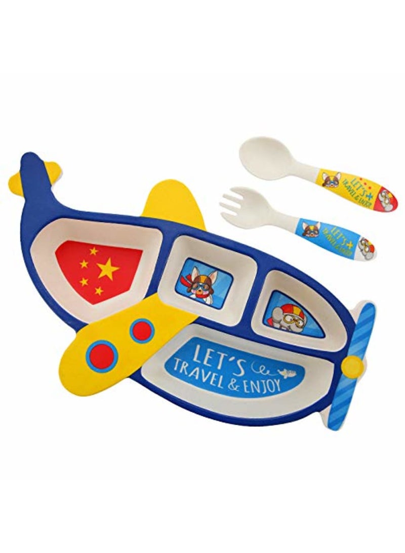 سيوسي Toddler Dinnerware Set, Bamboo Fiber Divided Plate with Fork and Spoon, BPA-Free Baby Feeding Utensils for Boys, Kids Mealtime Essentials, Airplane Themed (3-Piece Set, Blue/White) - Image 1