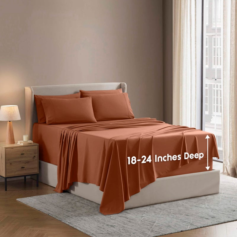 Nestl Sheet Set  6Pcs Soft Microfiber Extra Deep Pocket King Size Bed Linen  Rust Sienna Orange Brown