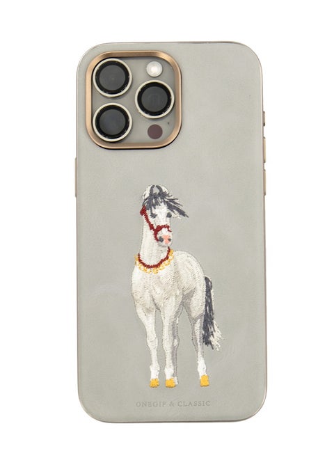 iPhone 15 Pro Max Case with Handmade White Horse Artwork, Surrounding Protection - Grey