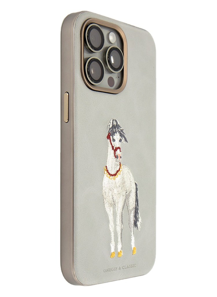 Generic iPhone 15 Pro Max Case with Handmade White Horse Artwork, Surrounding Protection - Grey  - Image 3