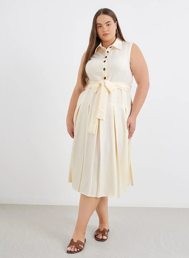 ستايلي Styli Plus Cream Midi Dress with Tie Belt