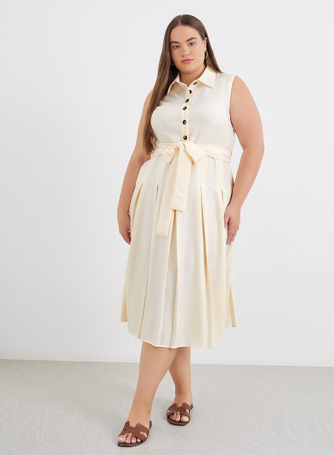 Styli Plus Cream Midi Dress with Tie Belt - Image 2