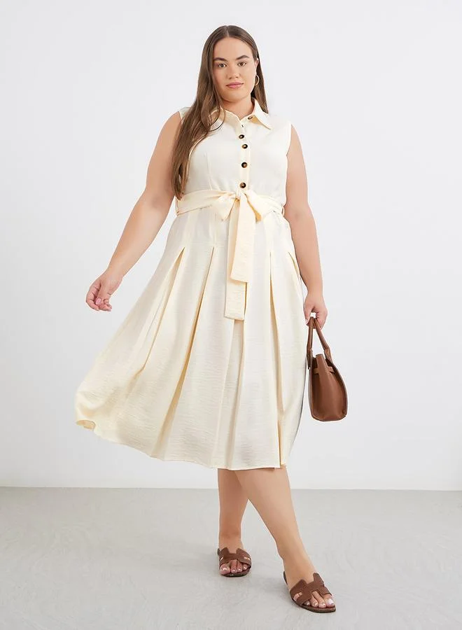 ستايلي Styli Plus Cream Midi Dress with Tie Belt