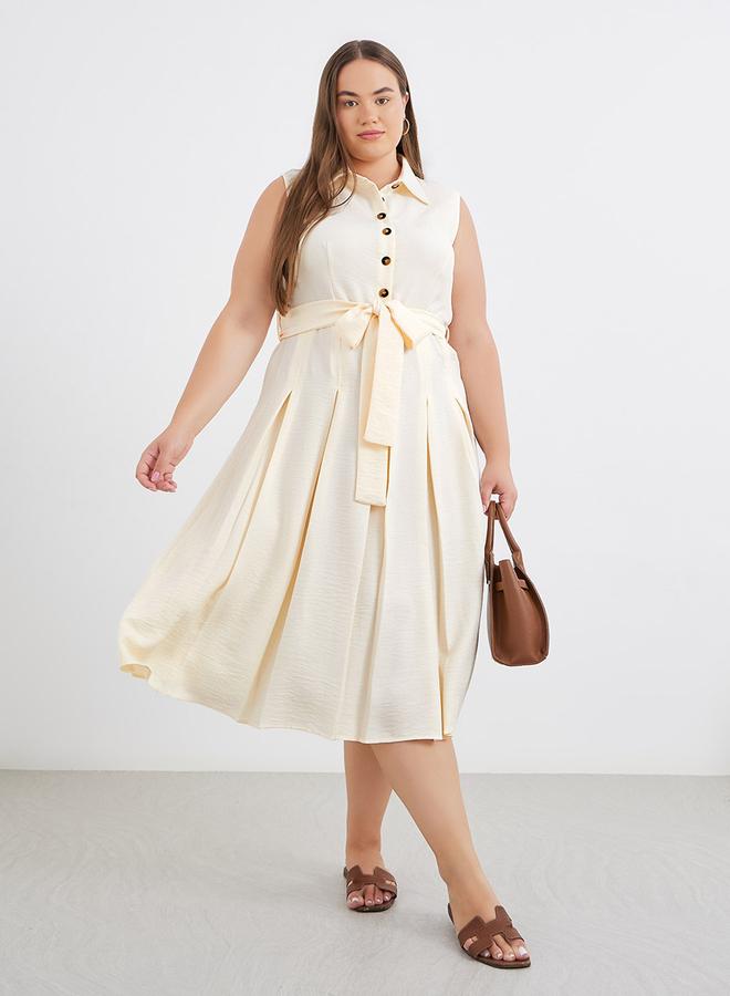 Styli Plus Cream Midi Dress with Tie Belt - Image 1