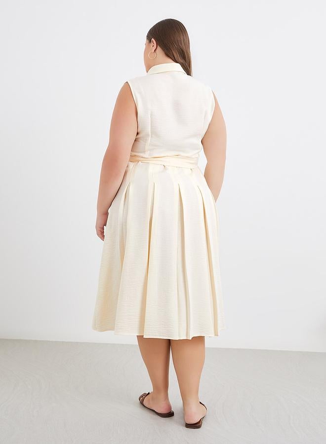 Styli Plus Cream Midi Dress with Tie Belt - Image 5