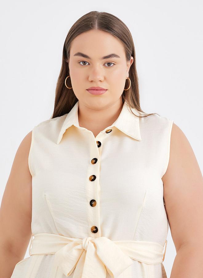 Styli Plus Cream Midi Dress with Tie Belt - Image 4