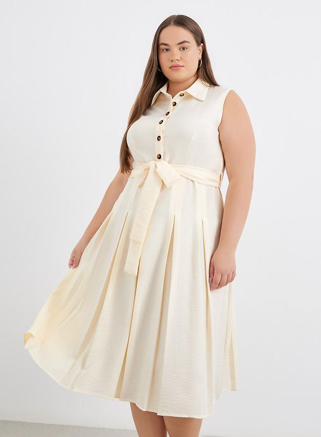 Styli Plus Cream Midi Dress with Tie Belt - Image 3