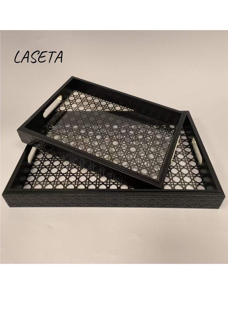 طقم من صينيتين شفافتي الأكريليك بمقابض من الخيزران، صينية زخرفية لتقديم القهوة والشاي، صينية مستطيلة للتخزين (أسود)