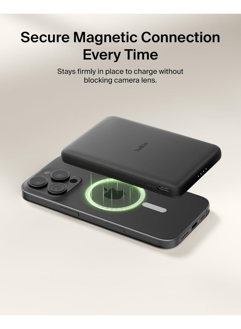 بيلكين باور بانك Belkin BoostCharge مغناطيسي بسعة ‎5000‎ مللي أمبير في الساعة، سهل الحمل، مع حلقة مغناطيسية ومنفذ ‎USB-C‎، مناسب لأجهزة iPhone وGalaxy وPixelsnap وiPad وأجهزة التابلت - به كابل ‎USB-C‎ – أسود - Image 2