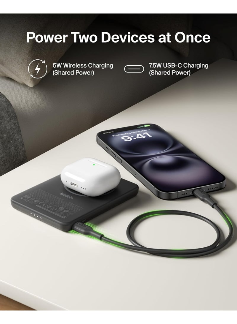 بيلكين باور بانك Belkin BoostCharge مغناطيسي بسعة ‎5000‎ مللي أمبير في الساعة، سهل الحمل، مع حلقة مغناطيسية ومنفذ ‎USB-C‎، مناسب لأجهزة iPhone وGalaxy وPixelsnap وiPad وأجهزة التابلت - به كابل ‎USB-C‎ – أسود - Image 4
