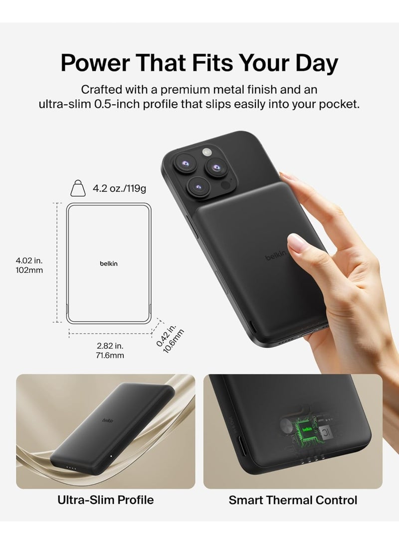 بيلكين باور بانك Belkin BoostCharge مغناطيسي بسعة ‎5000‎ مللي أمبير في الساعة، سهل الحمل، مع حلقة مغناطيسية ومنفذ ‎USB-C‎، مناسب لأجهزة iPhone وGalaxy وPixelsnap وiPad وأجهزة التابلت - به كابل ‎USB-C‎ – أسود - Image 3