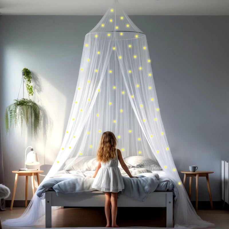 UB-STORE Canopy for Girls Bed with PreGlued Glow in The Dark Stars  Princess Mosquito Net Room Decor  Kids  Baby Bedroom Tent with Galaxy Lights  1 Opening Canopy Bed  Hanging Kit Included