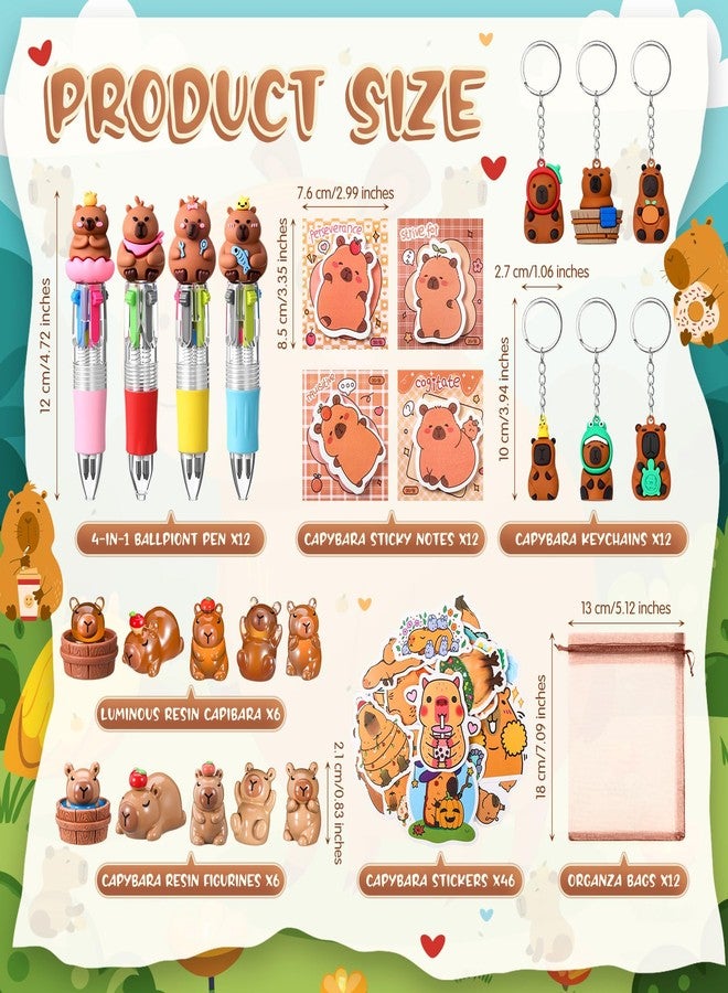 Nosiny 106 Pcs Capybara Party Favors Birthday Decorations Include Capybara 4 in 1 Ballpoint Pens Keychain Sticky Note Resin Figurines Stickers Organza Bags for Goodies Bags Stuff Classroom Rewards - Image 3