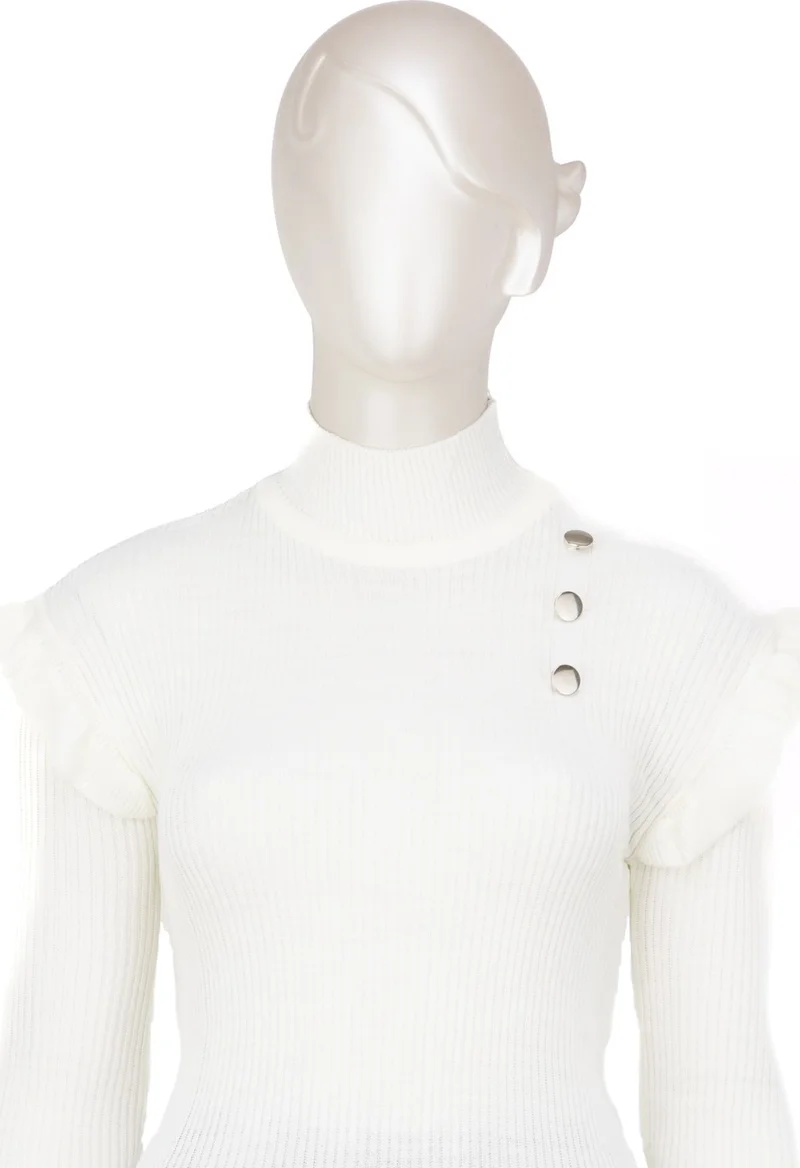 اوبلاند Women's Winter Sleeves Stylish Button Detailed Half Collar Ruffled Shoulders Long Sleeve Fitted Lycra Knitted Knitwear Badi Sweater