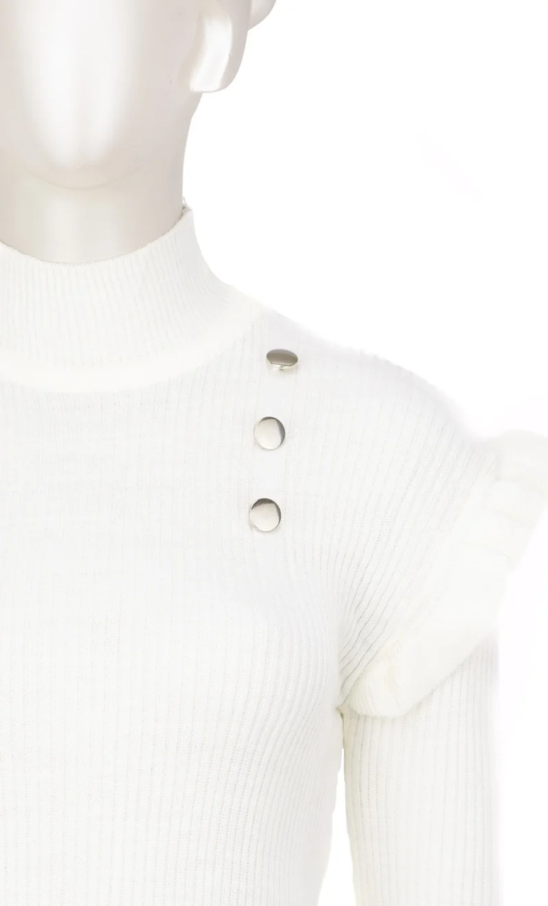 اوبلاند Women's Winter Sleeves Stylish Button Detailed Half Collar Ruffled Shoulders Long Sleeve Fitted Lycra Knitted Knitwear Badi Sweater