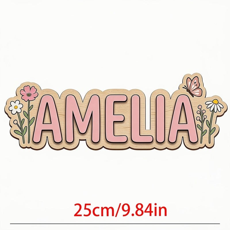ديكور حائط خشبي مقطوع بالليزر باللون الأزرق بتصميم زهور وفراشات واسم AMELIA لحفلة حديقة الربيع، مقاس 25 سم (9.84 بوصة) - Image 2