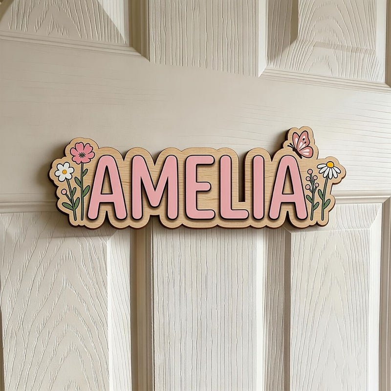 ديكور حائط خشبي مقطوع بالليزر باللون الأزرق بتصميم زهور وفراشات واسم AMELIA لحفلة حديقة الربيع، مقاس 25 سم (9.84 بوصة) - Image 4