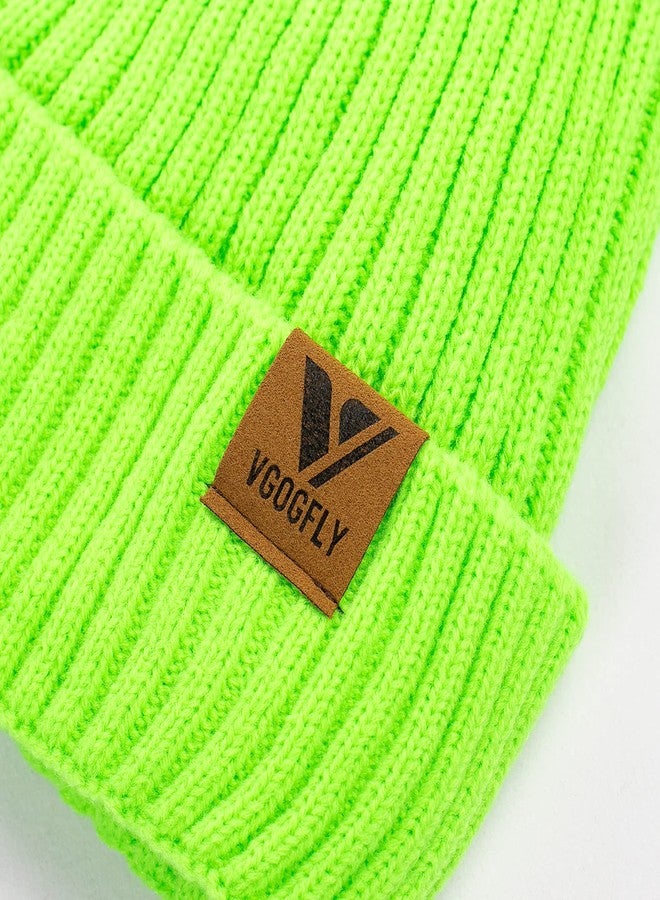 Vgogfly Lined Men Beanie Slouchy Knit Skull Cap Warm Stocking Hats Guys Women Striped Winter Beanie Hat, Brite Lime, One size - Image 3