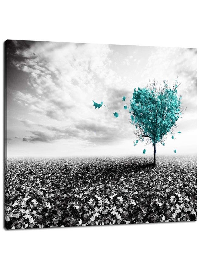 Derkymo Black and White Picture Prints Teal Heart-shaped Tree Wall Painting Love Tree Canvas Art Contemporary Home Decoration Stretched and Framed Ready to Hang 20 x 30 Inches - Image 1