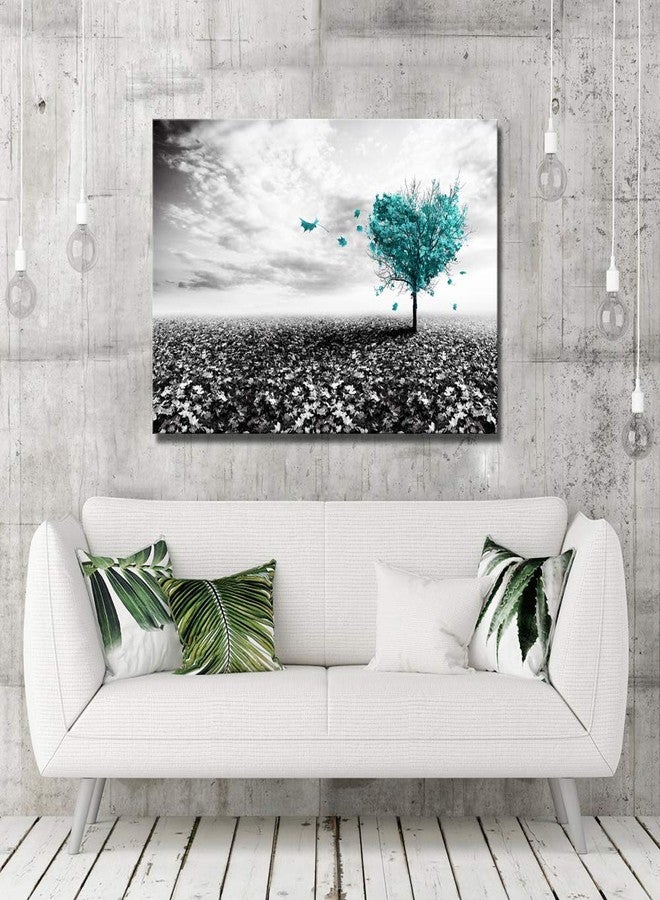 Derkymo Black and White Picture Prints Teal Heart-shaped Tree Wall Painting Love Tree Canvas Art Contemporary Home Decoration Stretched and Framed Ready to Hang 20 x 30 Inches - Image 2