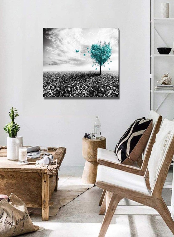Derkymo Black and White Picture Prints Teal Heart-shaped Tree Wall Painting Love Tree Canvas Art Contemporary Home Decoration Stretched and Framed Ready to Hang 20 x 30 Inches - Image 4