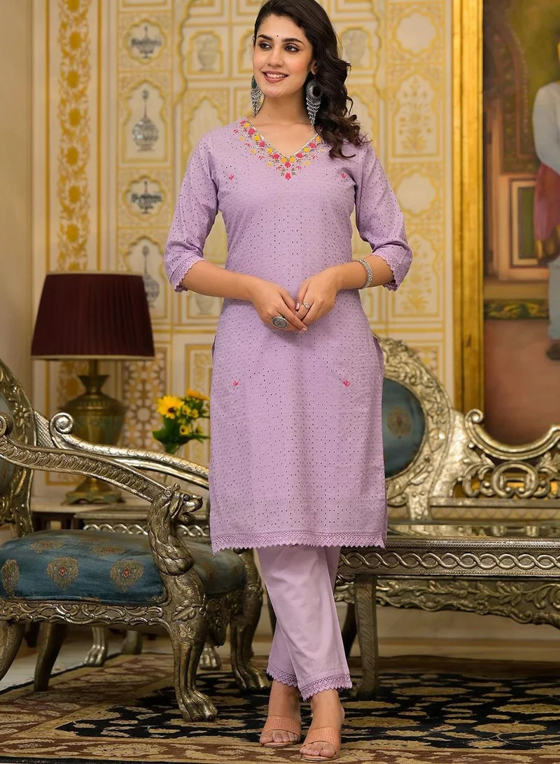 Ishin  Women Lilac Cotton Cambric Schiffli Kurta set with Dupatta for Women | Best Price UAE
