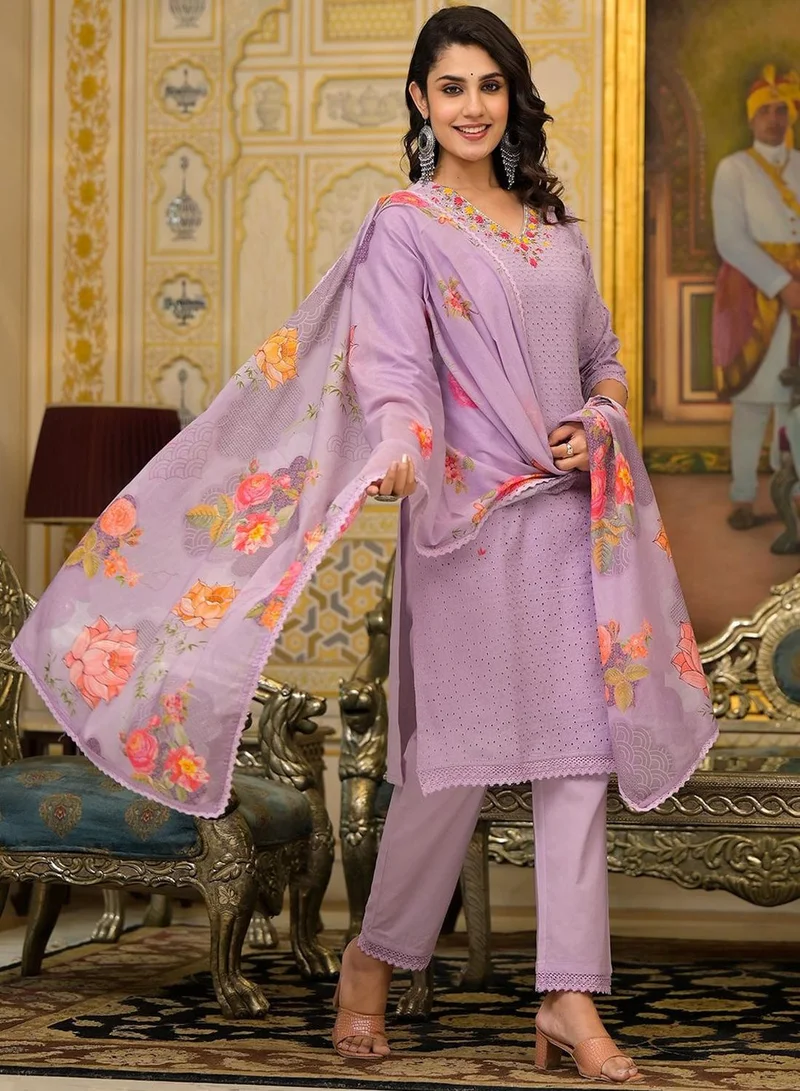 Ishin  Women Lilac Cotton Cambric Schiffli Kurta set with Dupatta for Women | Best Price UAE