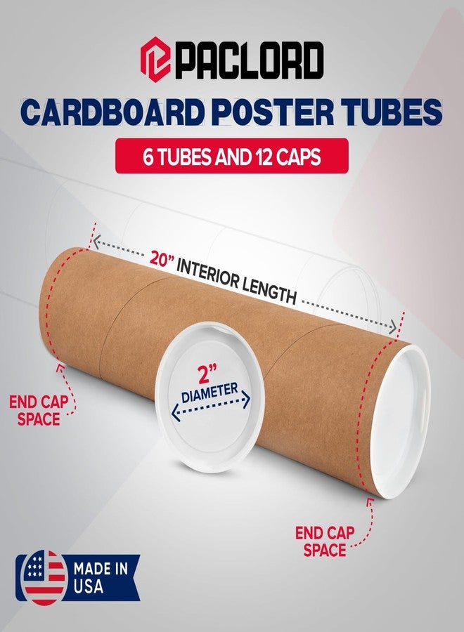 Paclord 2" x 20" Reinforced Kraft Paper Mailing Tube, Pack of 6 Tubes with 12 Caps – Secure USPS Approved Poster Tube – Made in USA Cardboard Tube for Shipping and Storing Posters, Prints, Artwork - Image 2