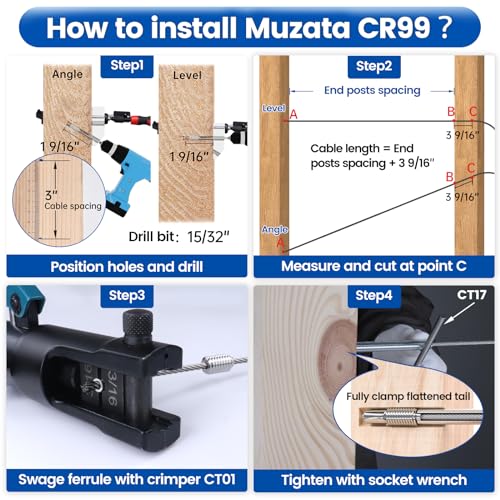 Muzata [Patent] Muzata 40 Pack 3/16" Invisible Cable Railing Kit Hardware Swage Lag Screw Hidden for 4x4 6x6 8x8 Wood Posts T316 Stainless Steel Deck Cable Railing System 20 Pairs CR99 - Image 4
