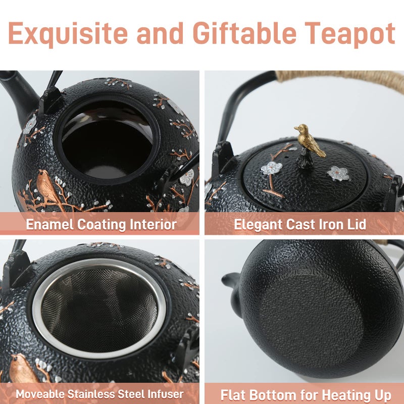 SECHUDO Cast Iron Teapot SECHUDO Teapot for Stovetop Safe Coated with Enameled Interior,Japanese Beautiful Tea Kettle with Stainless Steel Infuser for Loose Tea (40.6oz/1200ml) - Image 4