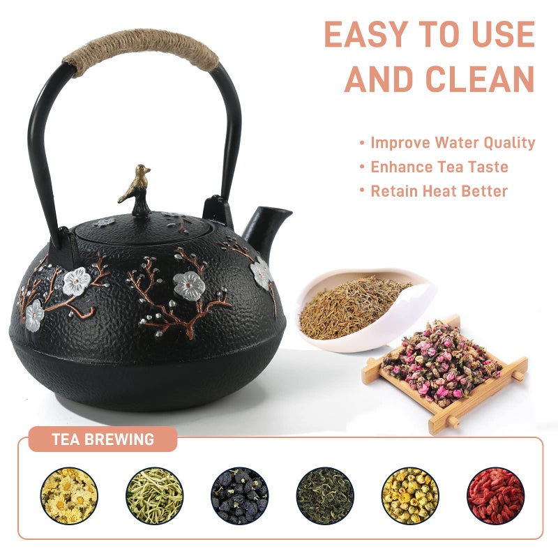 SECHUDO Cast Iron Teapot SECHUDO Teapot for Stovetop Safe Coated with Enameled Interior,Japanese Beautiful Tea Kettle with Stainless Steel Infuser for Loose Tea (40.6oz/1200ml) - Image 3