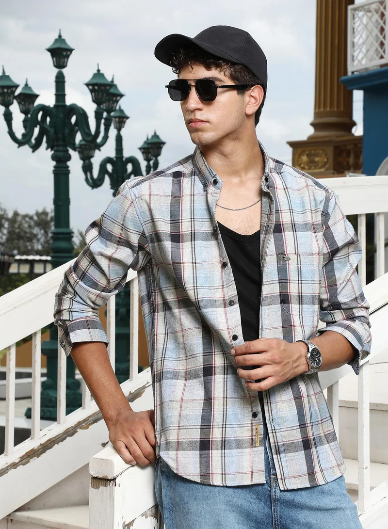 Campus Sutra Campus Sutra Men's Baby Blue & Charcoal Black Brushing-Plaid Regular Shirt | Button-Down Collar , Long Cuffed Sleeves , Button Closure , Curved Hem | Plaid Plaid | Cotton-Blend Shirt For Casual Wear
