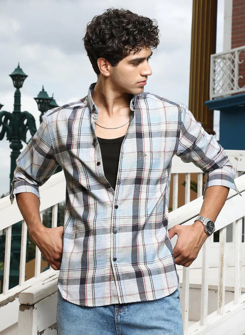 Campus Sutra Campus Sutra Men's Baby Blue & Charcoal Black Brushing-Plaid Regular Shirt | Button-Down Collar , Long Cuffed Sleeves , Button Closure , Curved Hem | Plaid Plaid | Cotton-Blend Shirt For Casual Wear