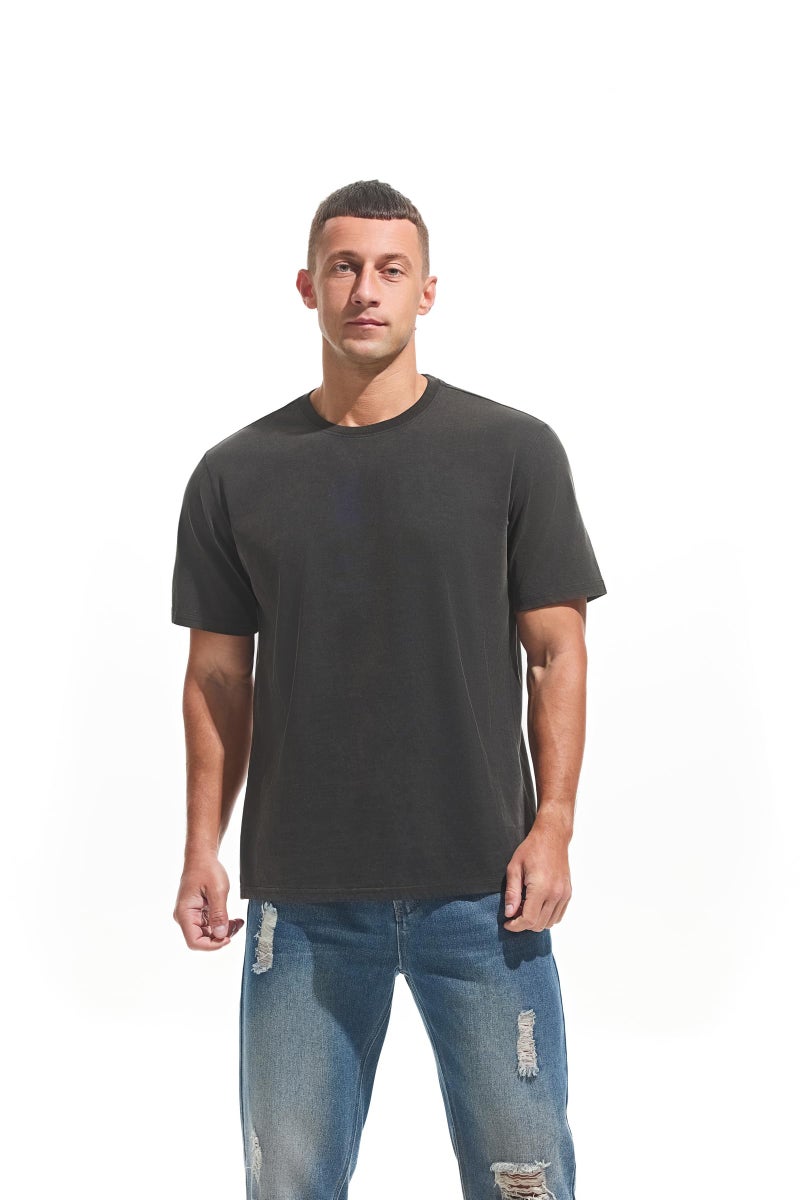 VEIISAR Men's Heavy Weight Crew Neck 100% Cotton T-Shirt - 250g/m² Thick Distressed Washed T-Shirts for Men （T2CS Black L） - Image 3