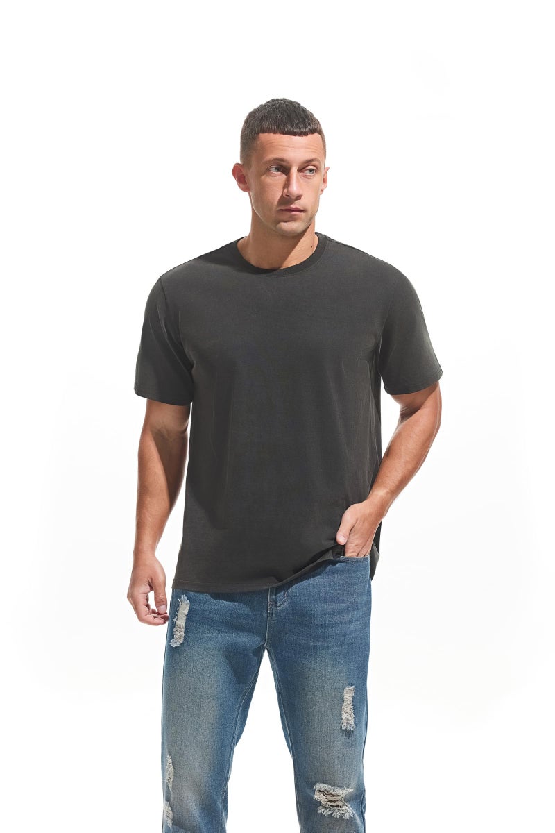 VEIISAR Men's Heavy Weight Crew Neck 100% Cotton T-Shirt - 250g/m² Thick Distressed Washed T-Shirts for Men （T2CS Black L） - Image 4