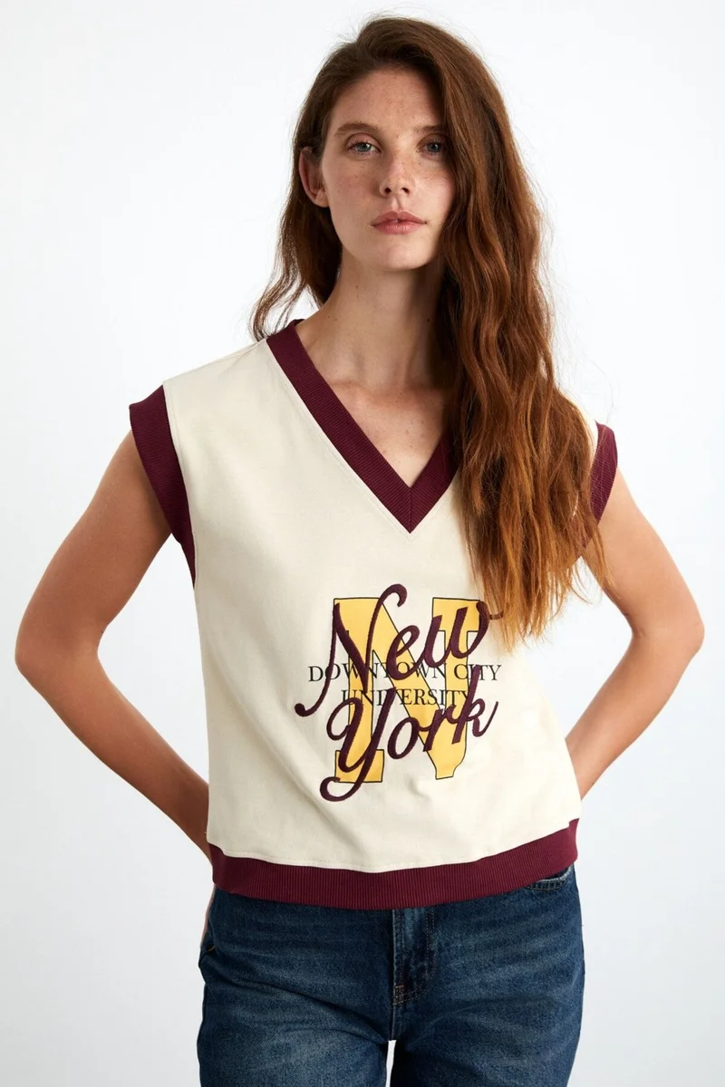 جريميلانج CRINA Women's 100% Organic Cotton Sleeveless V Neck Ecru Sweatshirt