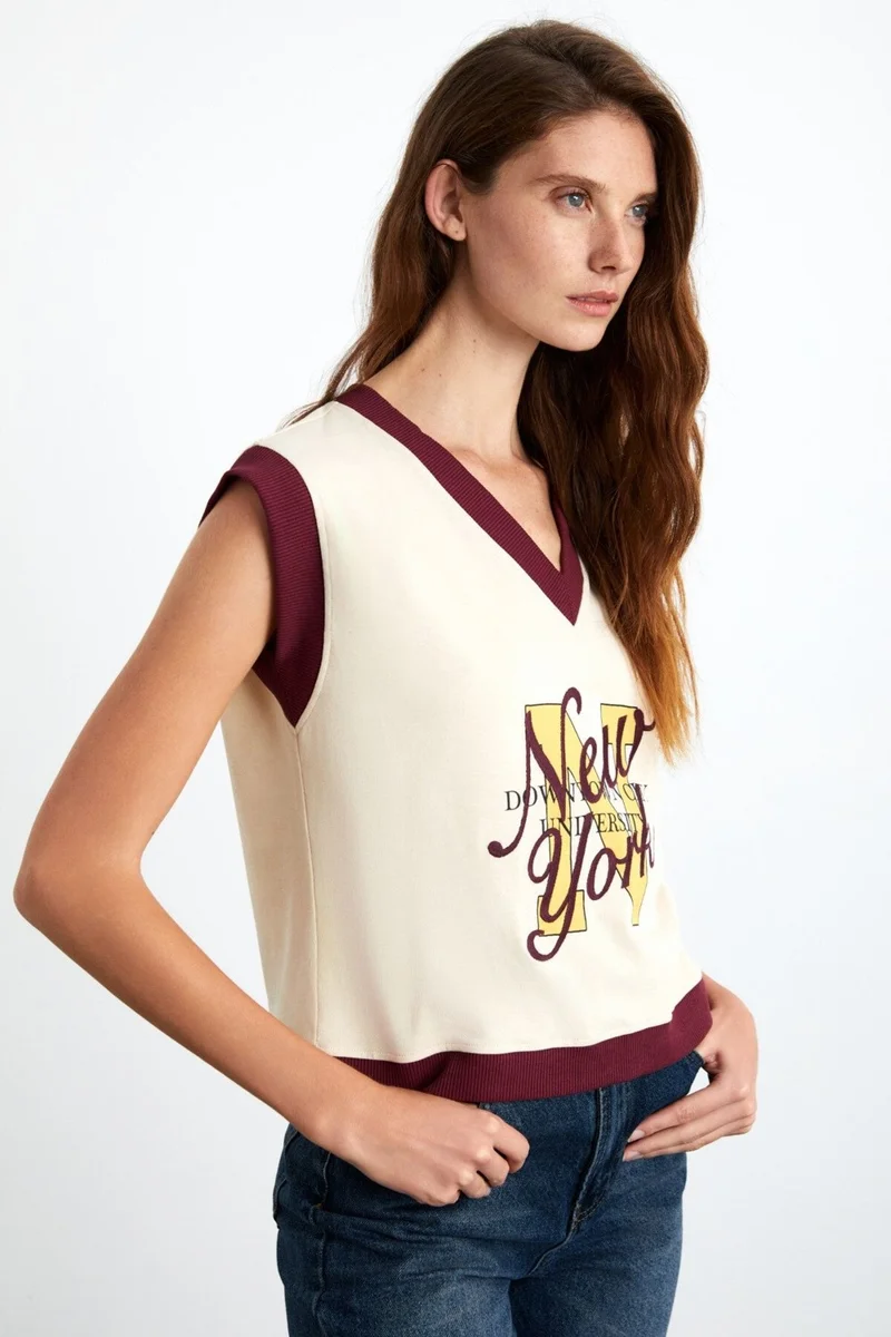 جريميلانج CRINA Women's 100% Organic Cotton Sleeveless V Neck Ecru Sweatshirt