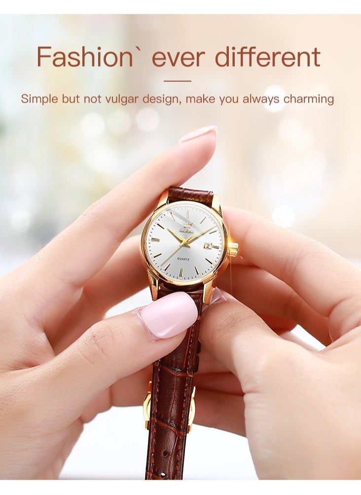 أوليفز Watches for Women Quartz Analog Water Resistant Leather Watch BrownWhite 6898 - Image 3