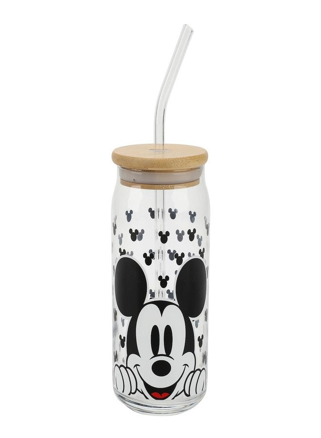 Bioworld Disney Mickey Mouse Big Face 15 Oz Glass Bottle With Straw & Lid - Image 1