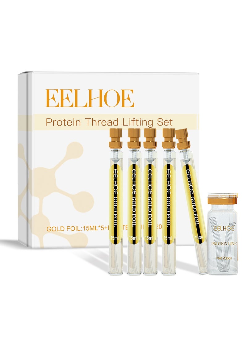 EELHOE Protein Thread Lifting Set - Soluble Protein Thread with Nano Gold Essence, Absorbable Collagen for Face Lift, Reverse Collagen Serum for Smoothing, Firming, and Moisturizing-GOLDEN LIQUID:15ML*5，PROTEIN THREAD*20  - Image 1