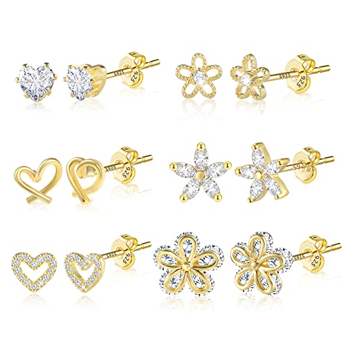 ALEXCRAFT Small Gold Stud Earrings 6 Pairs Cute Stud Earrings for Women Cubic Zirconia Earring Studs 14k Gold Plated Heart Earing for Women Hypoallergenic Pack - Image 1
