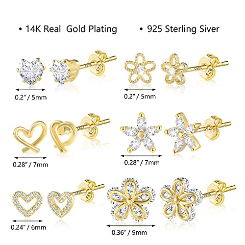 ALEXCRAFT Small Gold Stud Earrings 6 Pairs Cute Stud Earrings for Women Cubic Zirconia Earring Studs 14k Gold Plated Heart Earing for Women Hypoallergenic Pack - Image 4