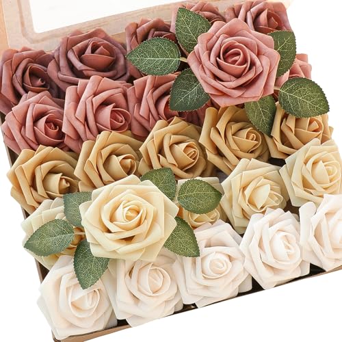 Floroom Artificial Flowers 25pcs Real Looking Burnt Orange Ombre Colors Foam Fake Roses with Stems for DIY Wedding Bouquets Bridal Shower Centerpieces Floral Arrangements Party Tables Home Decorations - Image 1