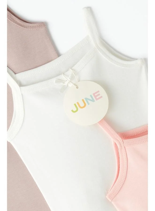 JUNE June Baby Girl 3-Pack Rope Suspender Interlock  Bodysuit Pink - Ecru - Dark Powder
