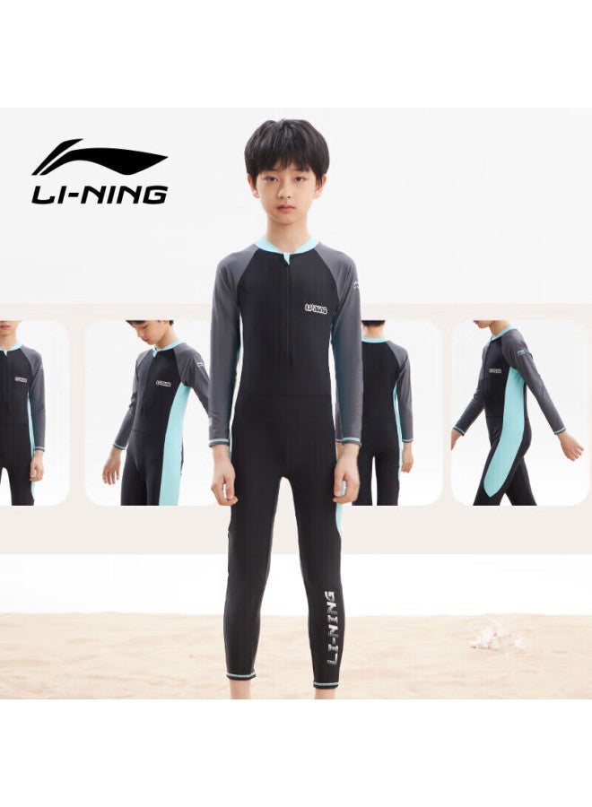 Li-ning Children's One-piece Long-sleeve Swimsuit, Hot Spring Beach Sun Protection, Boys' Surfing Suit, Training Swimwear, 8793 Black-green, Size 160 - Image 1