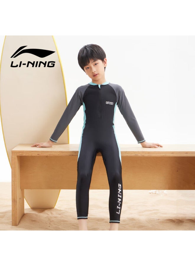 Li-ning Children's One-piece Long-sleeve Swimsuit, Hot Spring Beach Sun Protection, Boys' Surfing Suit, Training Swimwear, 8793 Black-green, Size 160 - Image 5