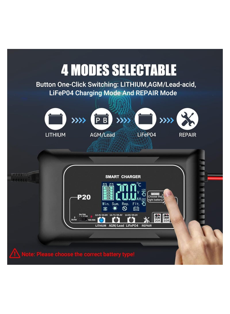 SOLARAE شاحن بطارية ذكي 20A لبطاريات الليثيوم و LiFePO4 والرصاص الحمضي (AGM/Gel/SLA) - شاحن وصيانة 12V/20A و 24V/10A للقوارب والدراجات النارية وماكينات جز العشب. - Image 4