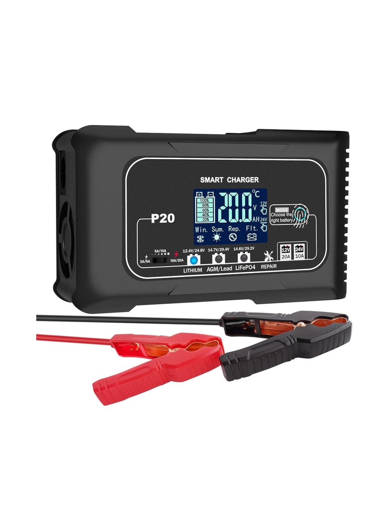 SOLARAE شاحن بطارية ذكي 20A لبطاريات الليثيوم و LiFePO4 والرصاص الحمضي (AGM/Gel/SLA) - شاحن وصيانة 12V/20A و 24V/10A للقوارب والدراجات النارية وماكينات جز العشب. - Image 1