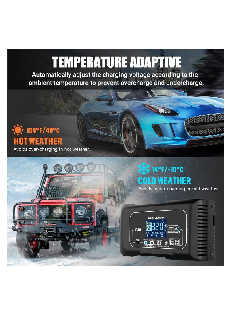 SOLARAE شاحن بطارية ذكي 20A لبطاريات الليثيوم و LiFePO4 والرصاص الحمضي (AGM/Gel/SLA) - شاحن وصيانة 12V/20A و 24V/10A للقوارب والدراجات النارية وماكينات جز العشب. - Image 3